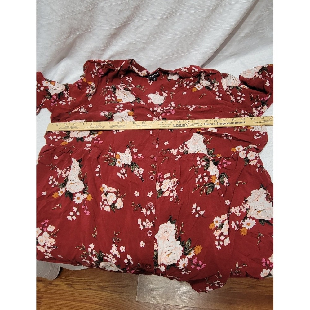 Torrid Womens 3 Floral Button Front Blouse Burgundy Red Rayon Babydoll Top - Picture 6 of 9